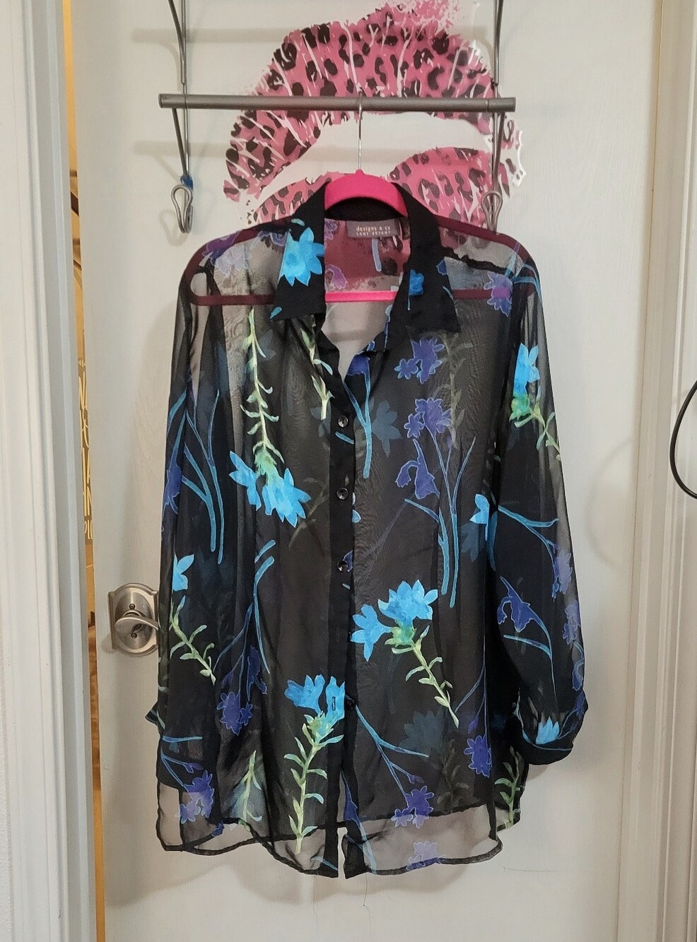 Lane Bryant Black Sheer Floral Button-Up Blouse with Blue and Teal Blooms